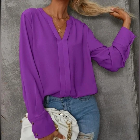 New v neck purple long sleeve blouse - Picture 4 of 6